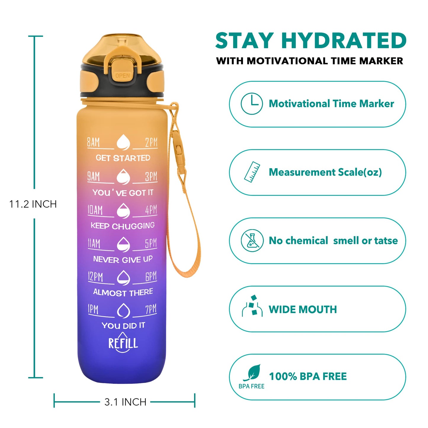 Enerbone 32 oz Drinking Water Bottle with Times to Drink and Straw, Motivational with Carrying Strap, Leakproof BPA & Toxic Free, Ensure You Drink Enough Water for Fitness Gym Outdoor