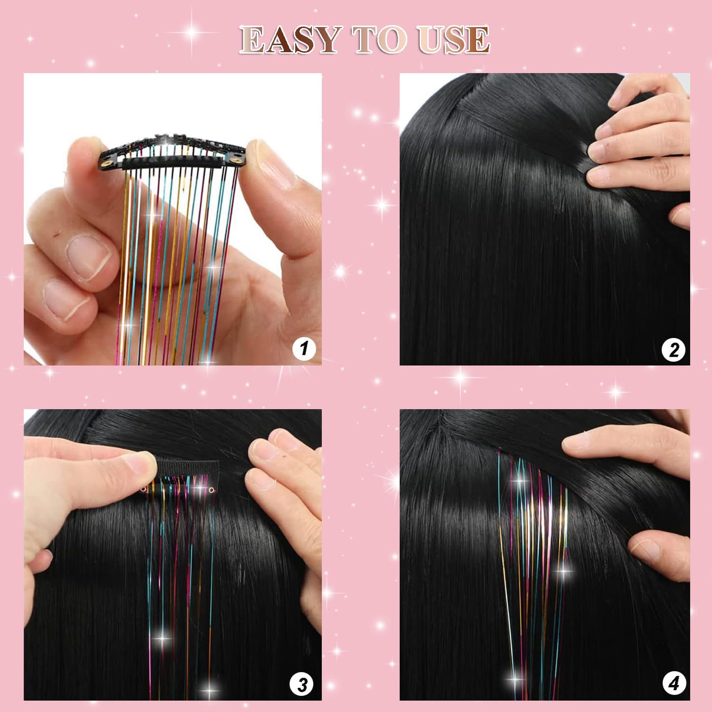 USHUIUS Hair Clip Tinsel Extensions, 12Pcs Hair Tinsel Clips, Glitter Tinsel Hair Accessories, Heat Resistant, Sparkly, for Girls Women Kids, Colorful, 50cm/19.6 Inch