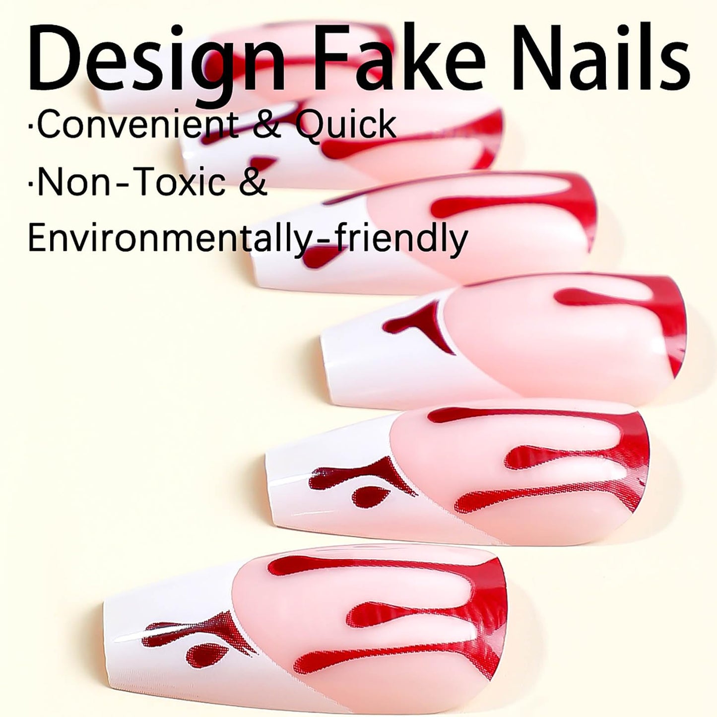 RUOKEXIN Halloween Press on Nails Medium Coffin Fake Nails White French False Nails with Red Blood Designs Nude Pink Full Cover Glue on Nails Glossy Artificial Nails Holiday Stick on Nails for Women