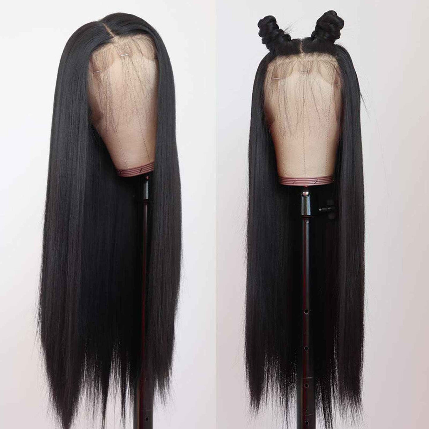 TaBeWay Black Straight Synthetic Lace Front Wig with Adjustable Straps, 24 Inches, Heat Resistant up to 160 Degrees Centigrade