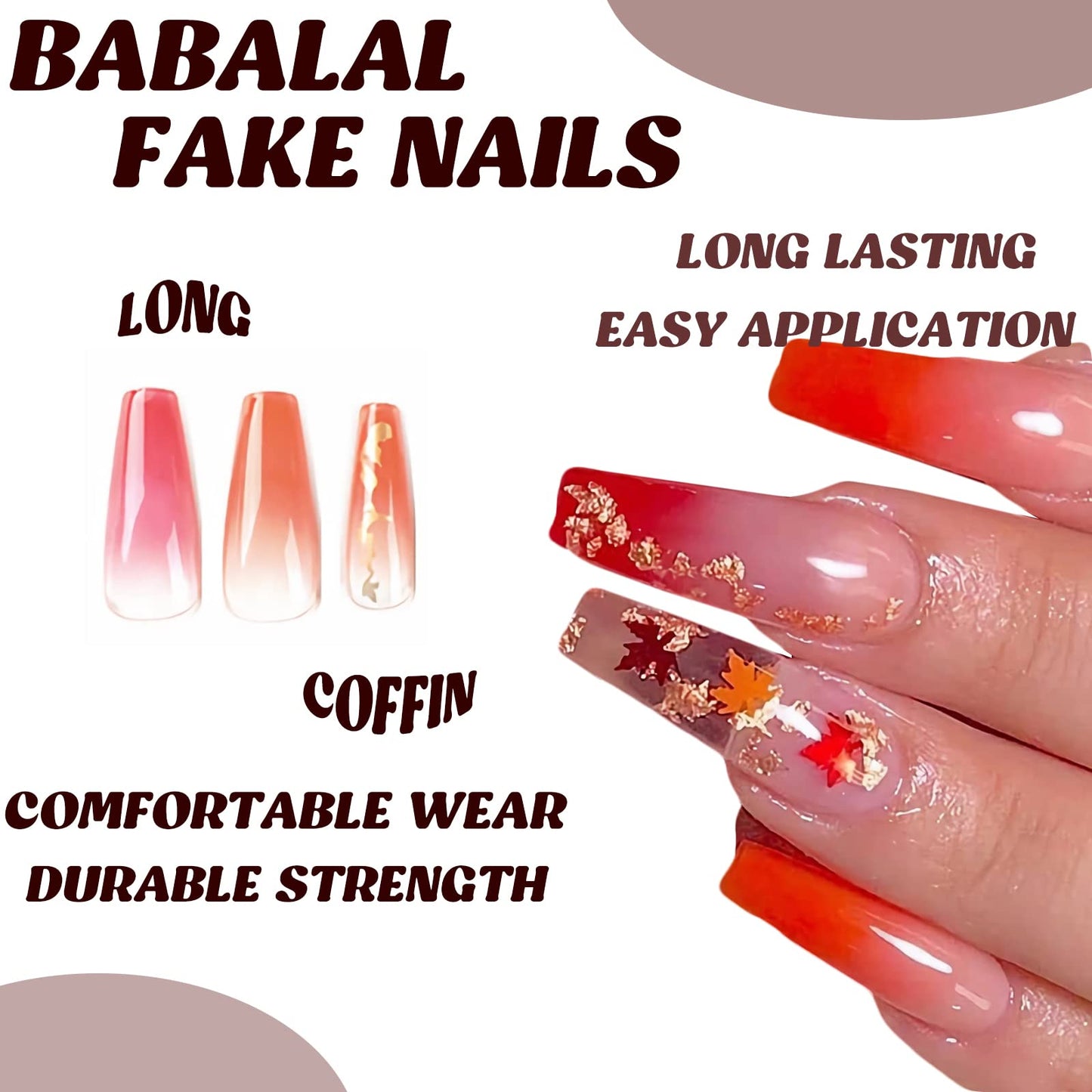 BABALAL Coffin Press on Nails Long Fake Nails Glossy Glue on Nails Red Orange Gradient Gold Maple Leaf Acrylic Nails 24Pcs Ballerina Shiny Stick on Nails for Women and Girls