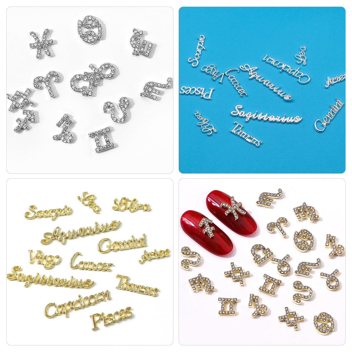 DANNEASY 48pcs Zodiac Nail Charms 3D Gold Silver Zodiac Signs Nail Letters Flat-back Nail Rhinestones Diamond Charms for Nails Hollow Nail Studs Alloy Nail Jewels Nail Art Decoration