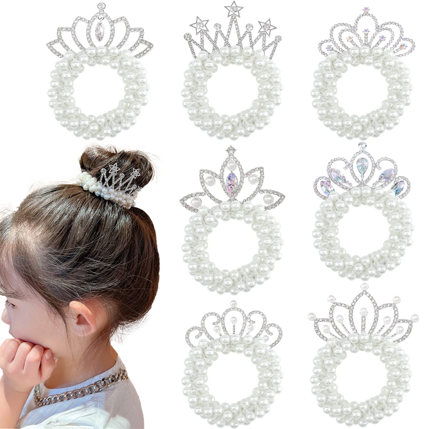 7 Pcs Beaded Hair Accessories: Pearl Crown Ponytail Holders, White Beads Scrunchies, Elastic Bands, Crystal Princess Hair Ropes for Women Girls