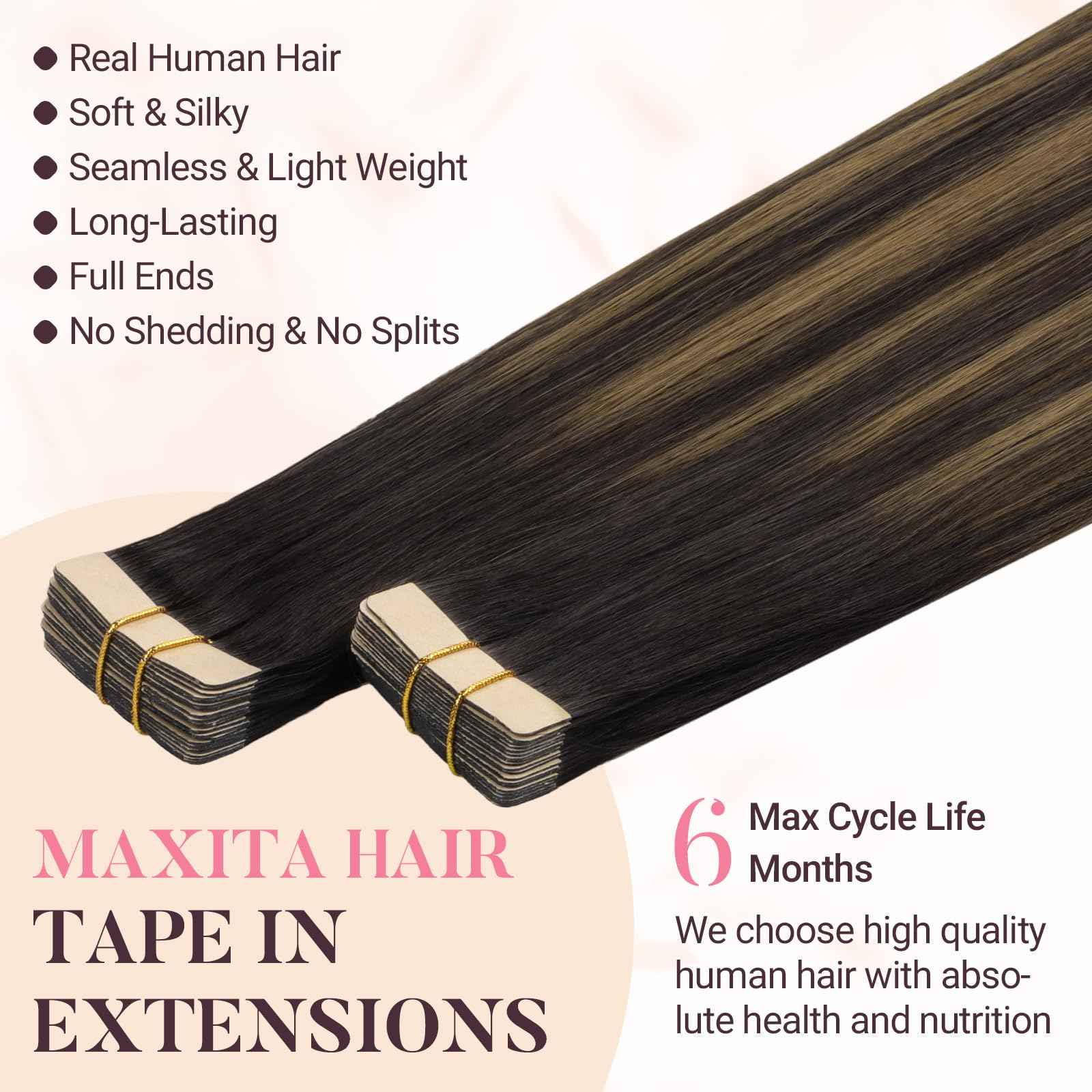 MAXITA Tape in Hair Extensions Human Hair 16 inch 50g 20pcs Balayage Dark Brown to Chestnut Brown Real Human Hair Extensions Real Remy Seamless Straight Hair Extensions for Women