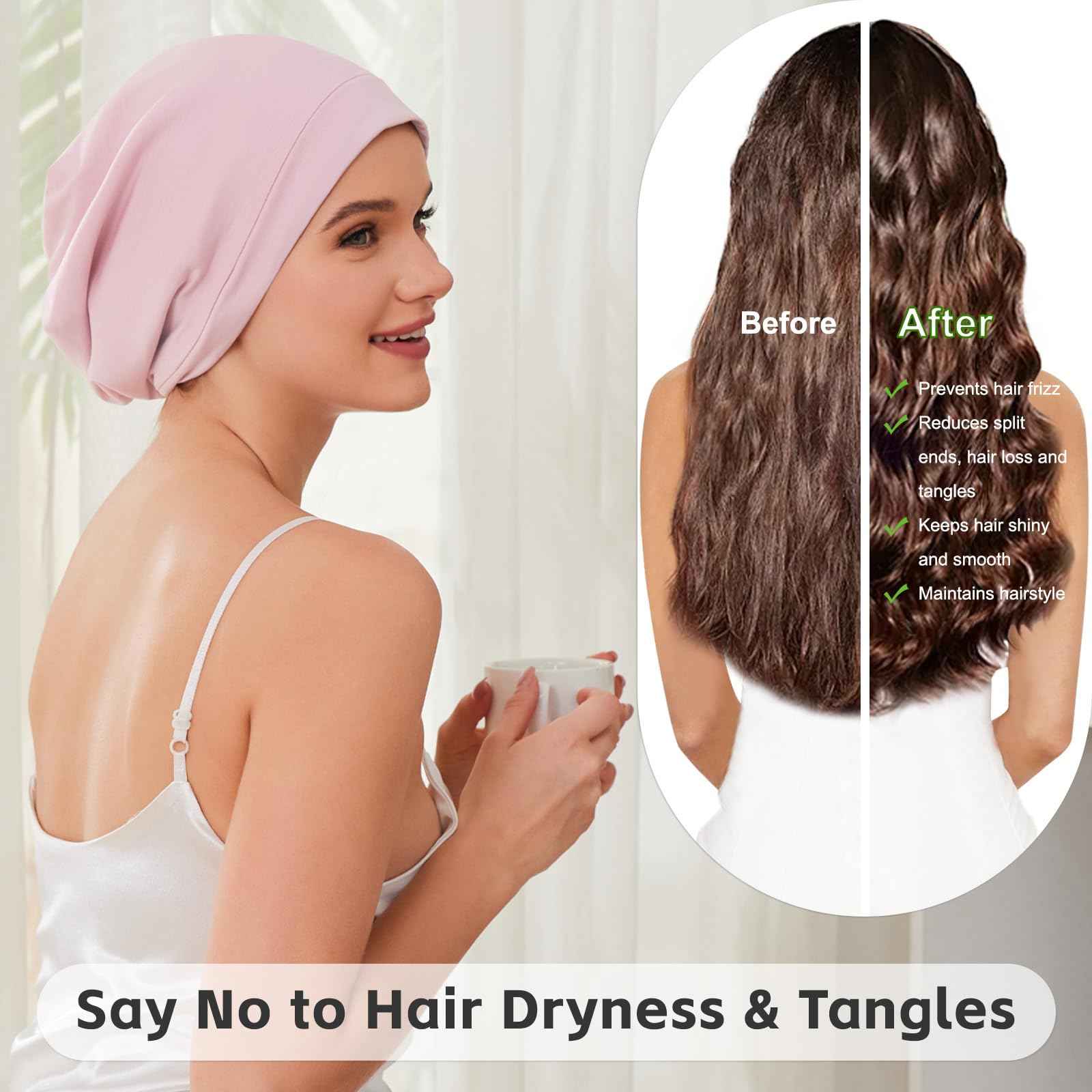 Silk Bonnet for Sleeping Women, Adjustable Silky Satin Lined Sleep Cap, Silk Hair Wrap for Sleep Night Cap for Natural Curly Hair 2PCS(Pink&Blue)