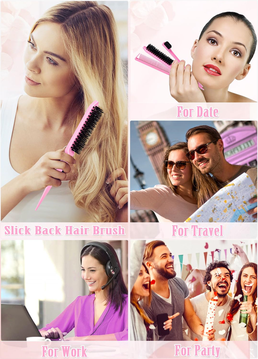 Slick Back Hair Brush Set: Hair Wax, Edge Brush, Rat Tail Comb, Bristle Brush, Hair Bun Accessories, Smoothing Brush for Women & Kids