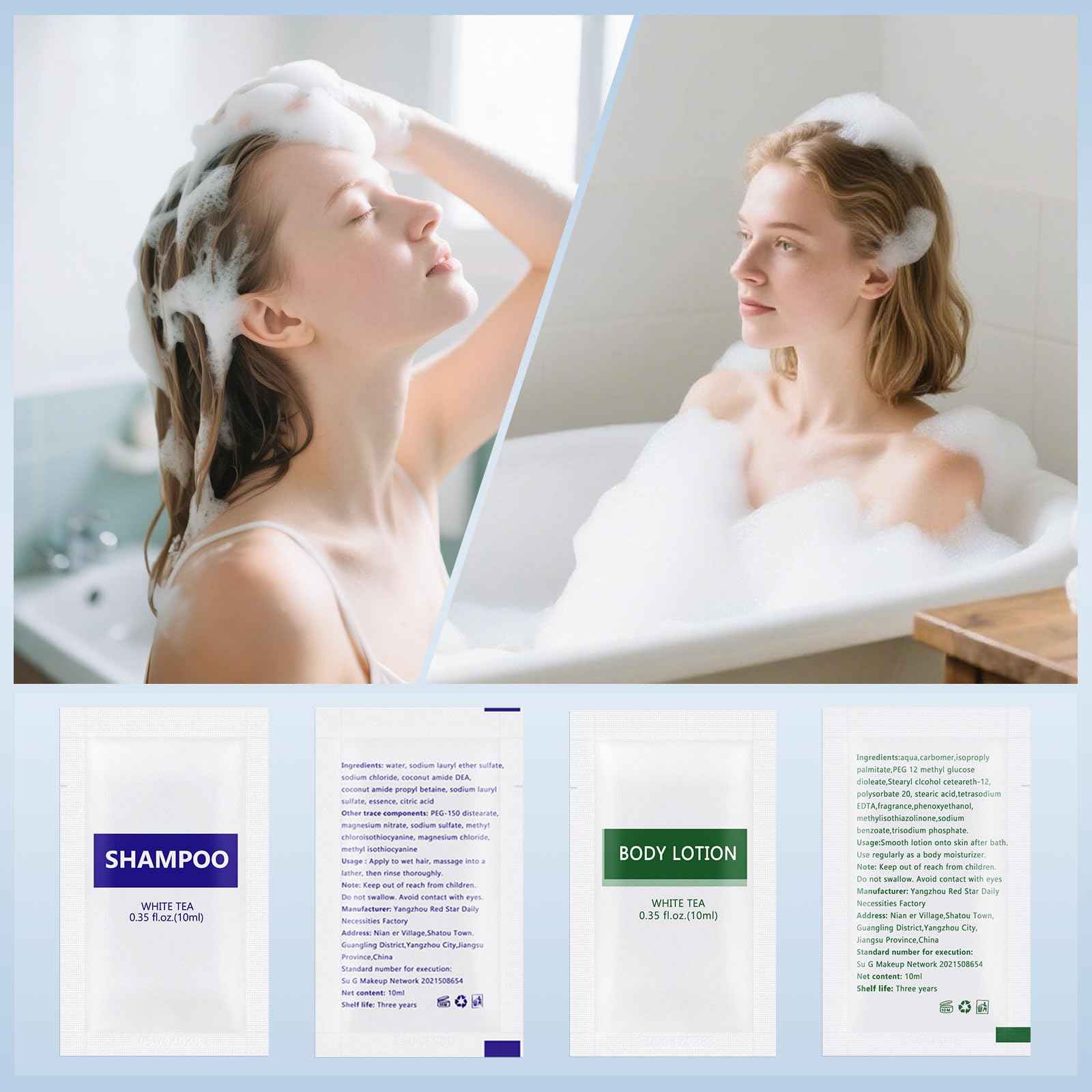 Travel Size Body Wash and Shampoo Bulk,Refreshing White Tea Scent,0.35 fl oz,Individually Wrapped Mini Shower Gel Shampoo Hygiene Kits for Travel/On The Go/Homeless Care/Hotel Guests(Pack of 200)