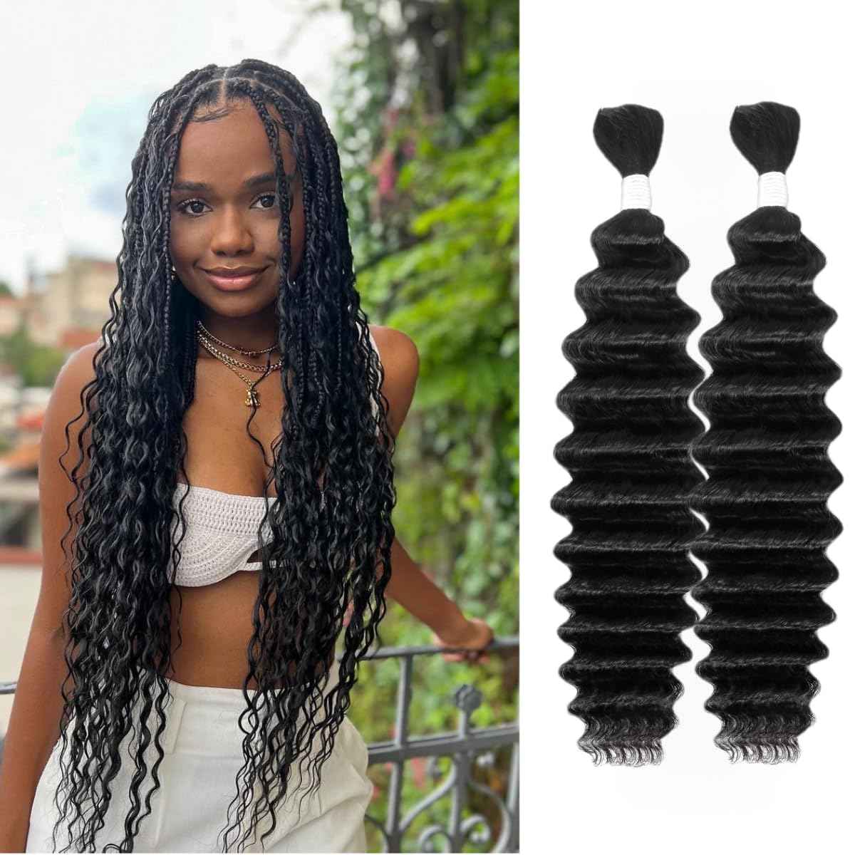 Human Braiding Hair Deep Wave Bulk Human Hair for Braiding Bohemian Knotless 2 Bundles 100g 18Inch No Weft 10A Brazilian Virgin Human Hair Extensions Curly Bulk Human Hair for Boho Braids