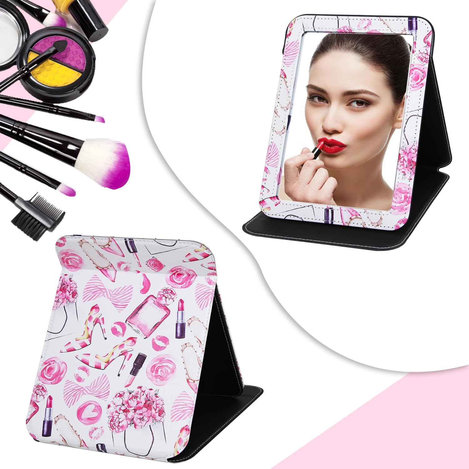 GLINTZ Portable Folding PU Leather Makeup Mirror with Adjustable Stand Large, Rectangular Desktop Vanity Mirror with Rounded Corners for Travel, Camping, Office, 7x9 Inches