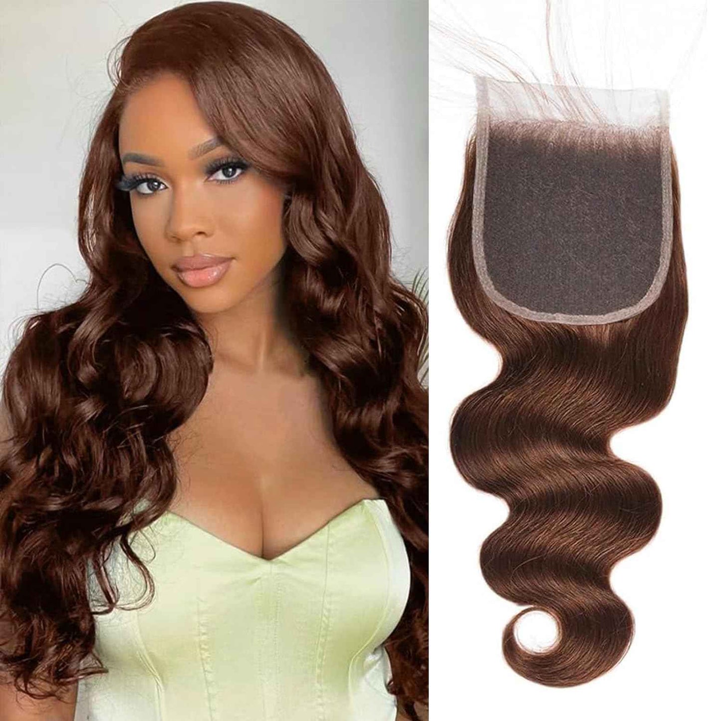 Chocolate Brown Lace Front Closure 4x4 Human Hair 20 Inch Body Wave Transparent Lace High Density Pre Plucked Baby Hair Light Brown Unprocessed Brazilian Virgin Human Hair