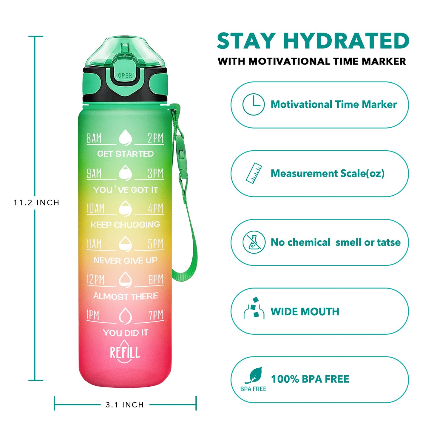 Enerbone 32 oz Drinking Water Bottle with Times to Drink and Straw, Motivational with Carrying Strap, Leakproof BPA & Toxic Free, Ensure You Drink Enough Water for Fitness Gym Outdoor