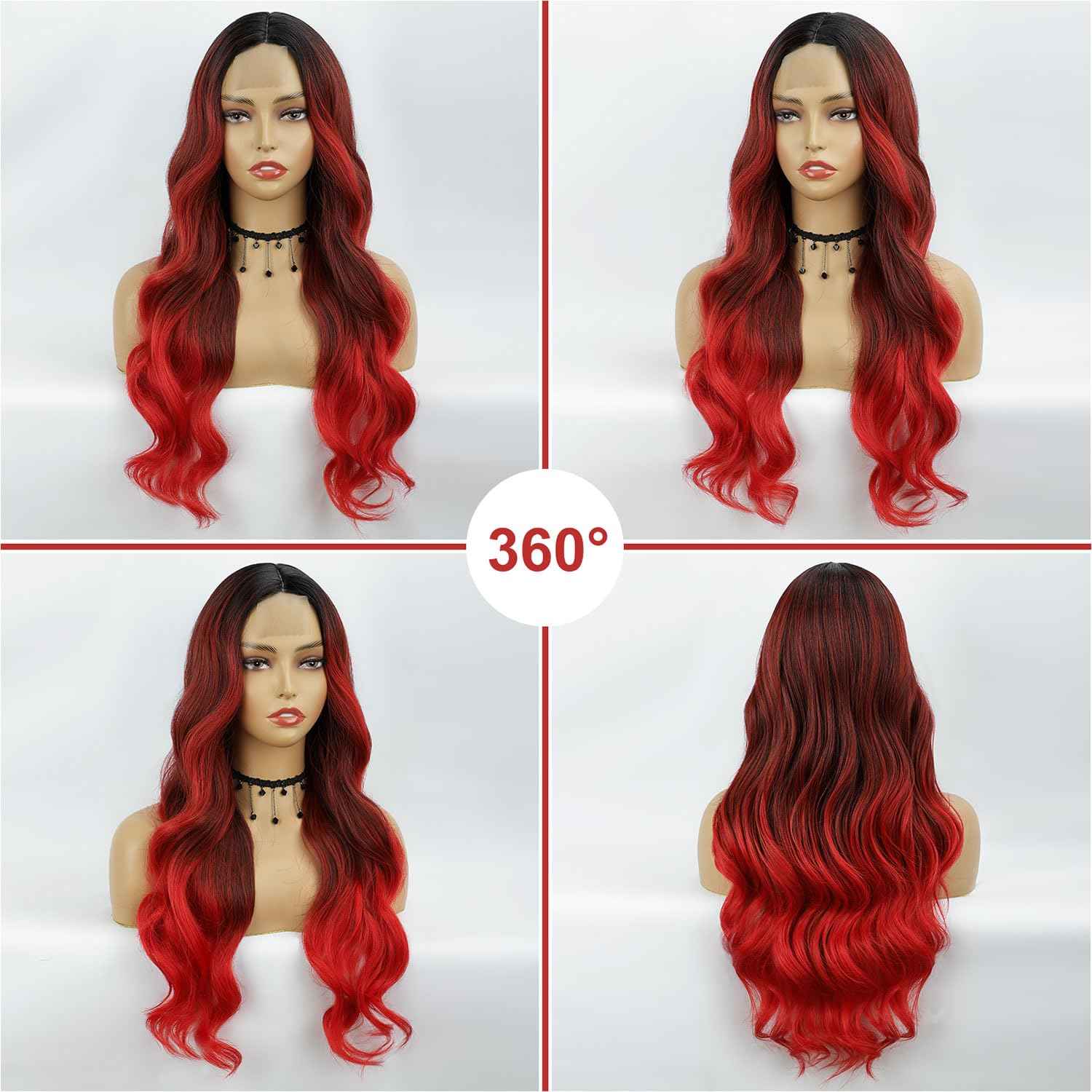 LUNDEREN Red Wavy Wig 26 Inch Long Red Ombre Wigs for Women Ombre Red Middle Part Wig Synthetic Heat Resistant for Daily Party Use (Ombre Red 26 Inch)