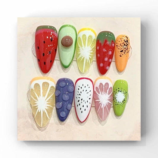 Wsliana Handmade Press On Nails - 10pcs Almond Shaped 3D Fruit Design Glue-On Nails, Reusable Fake Nail Tips with Jelly Glue Kit, Nail Art Tools, Long-Lasting Handcrafted Nails with Storage Box(076 M)