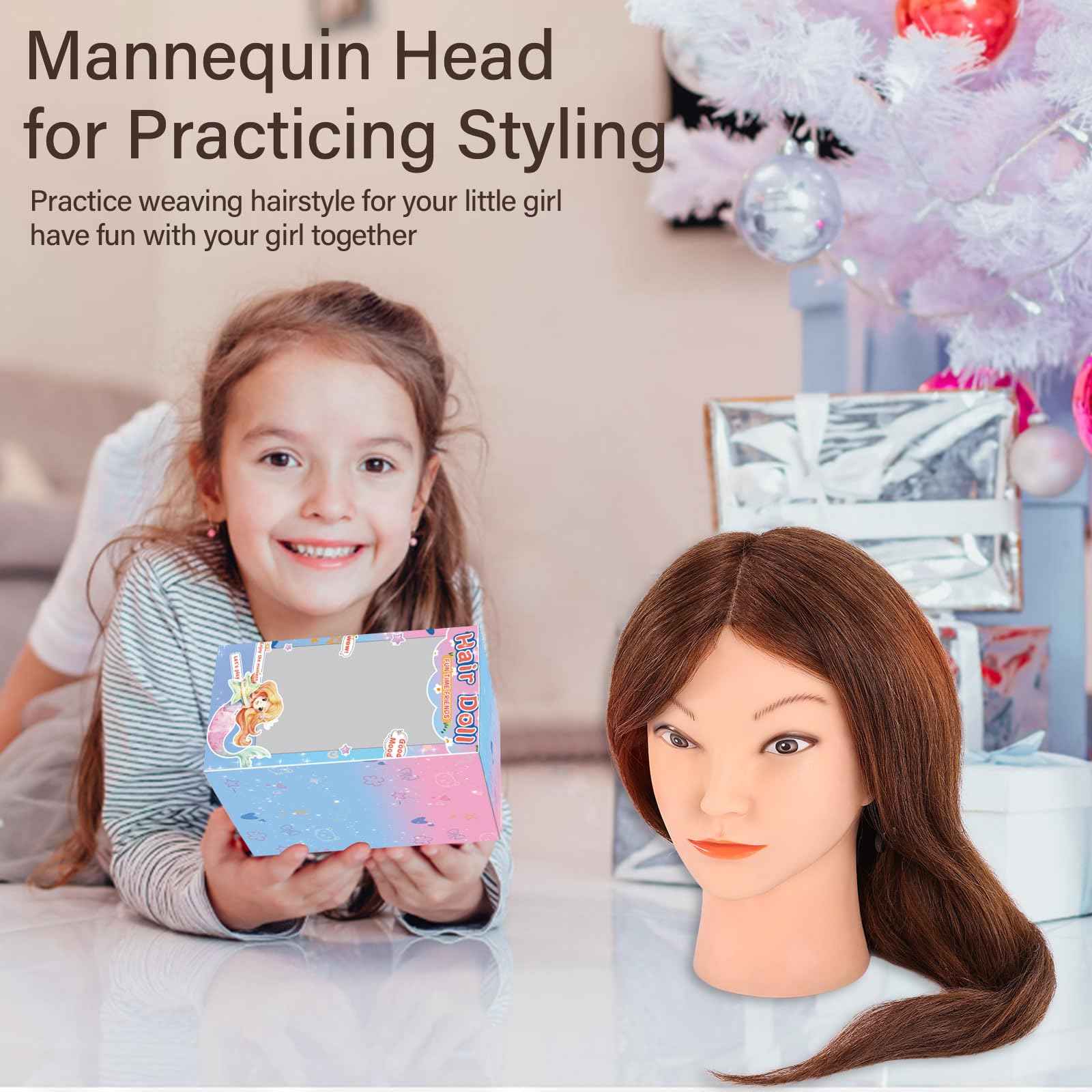 Mannequin Head with 100% Real Hair, Cenoz 18" Hairdresser Cosmetology Training Head with Stand and Tool, Manikin Training Practice Head, Doll Head for Hair Styling （Dark brown）