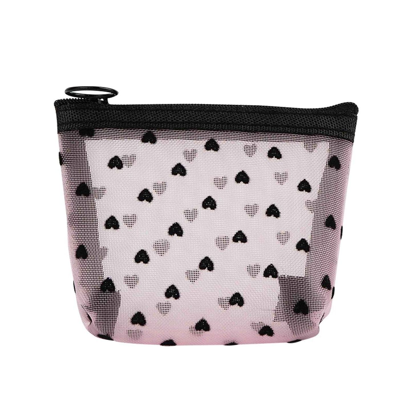 Adorila 6 Pack Mini Mesh Makeup Bags, Heart Print Zipper Mesh Storage Pouch, Travel Cosmetic Accessories Organizer for Women (Black, Beige, Pink)