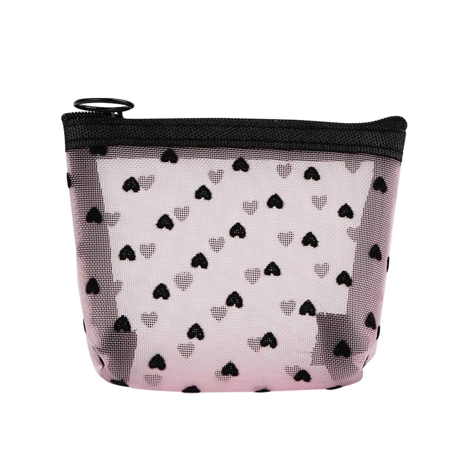 Adorila 6 Pack Mini Mesh Makeup Bags, Heart Print Zipper Mesh Storage Pouch, Travel Cosmetic Accessories Organizer for Women (Black, Beige, Pink)