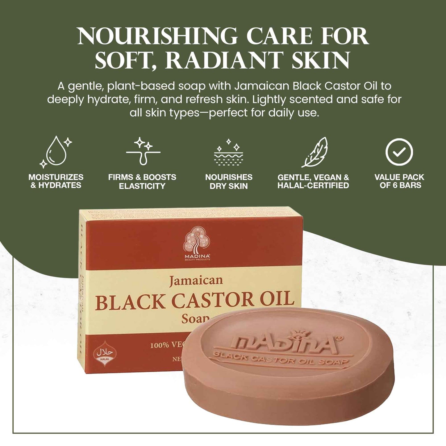 Madina Jamaican Black Castor Oil Soap Bar – Deep Moisturizing, Hydrating, 100% Vegetable-Based, Halal & RSPO Certified, Gentle Cleanser for All Skin Types, 6 Pack (3.5 oz Each)