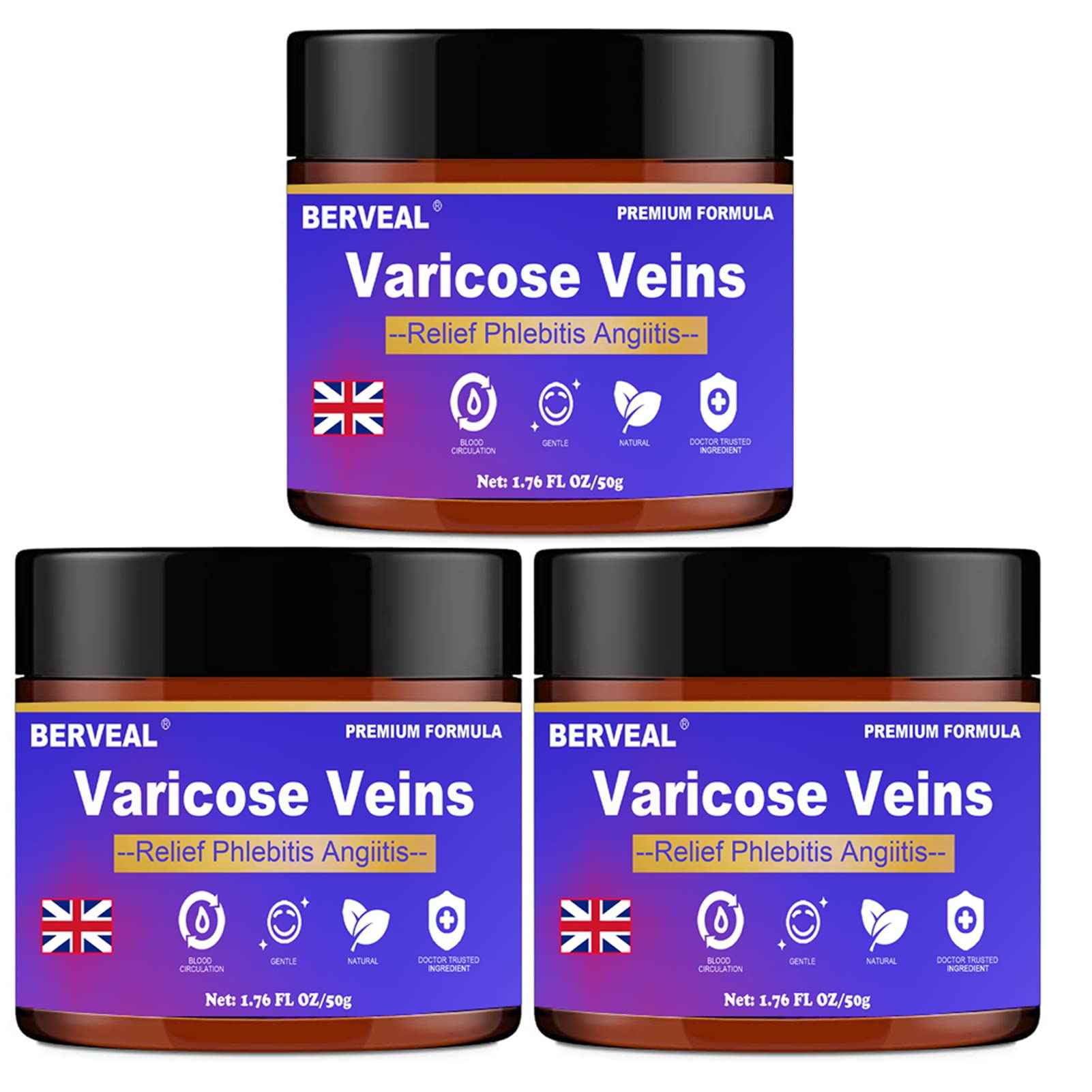BERVEAL 3 Pack Varicose Veins & Spider Veins Repair Cream, Improve Blood Circulation, Leg Treatment Cream (1.76 OZ) (3)