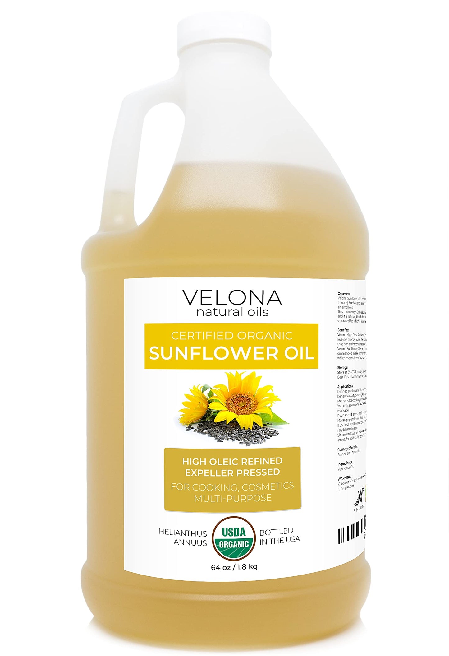 velona USDA Certified Organic Sunflower Oil - 64 oz | 100% Pure and Natural Carrier Oil | High Oleic, Refined, Cold Pressed | Cooking, Skin, Hair, Body & Face Moisturizing