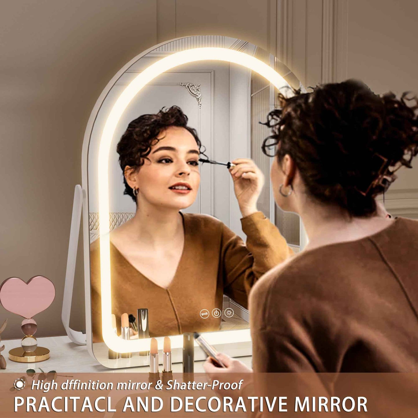 Hasipu Vanity Mirror with Lights, 11"× 14" Arched LED Makeup Mirror, Lighted Makeup Mirror with Lights, Smart Touch Control Dimmable 3 Modes Light 360°Rotation White