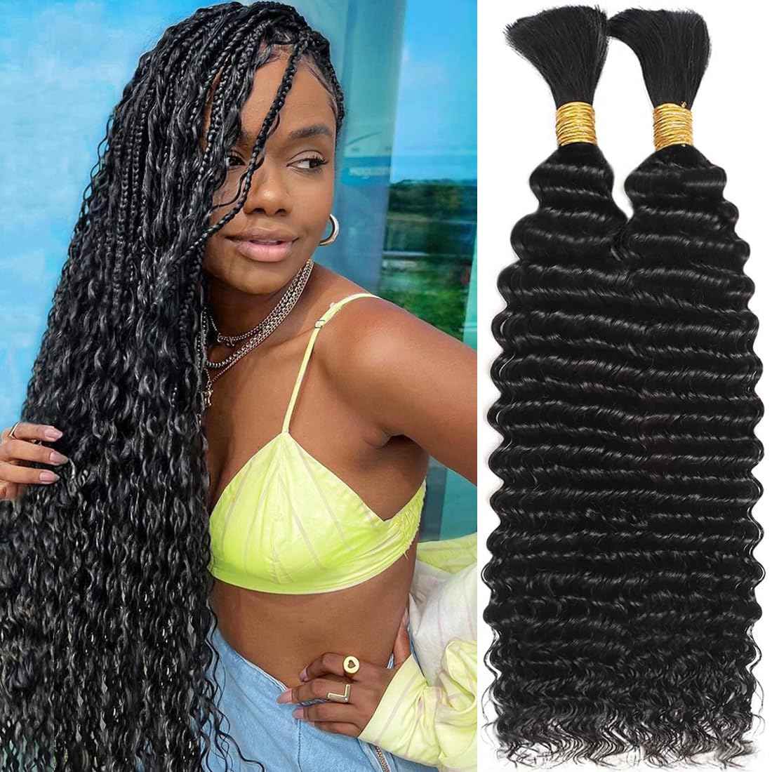 Human Braiding Hair for Boho Braids 110g 20 Inch Deep Water Wave Bulk Human Hair for Braiding No Weft 12A Wet and Wavy Curly Human Hair Extensions 2 Bundles/Pack Natural Color