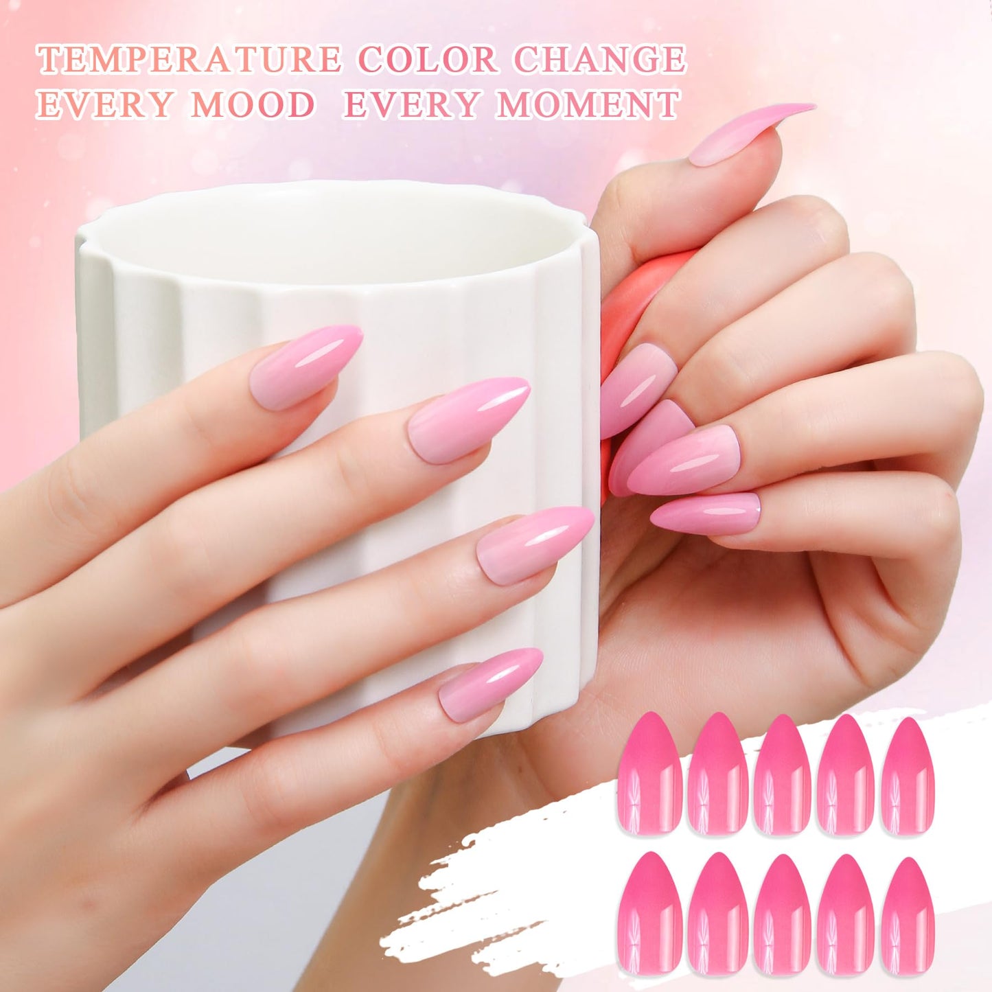 Mood Temperature Change Nails Pink To Light Pink Color Changing Gel Tips Stiletto Almond False Nail Art Design