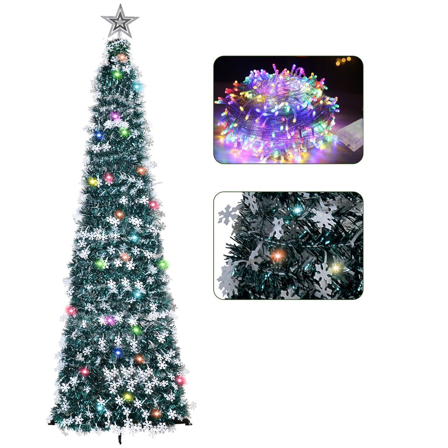 6FT Pop-up Christmas Tree with Timer DIY 100 LED String Lights-Collapsible Prelit Christmas Artifitial Green Snowflake Tree with 3D Star for Xmas Decor Holiday Party Decorations (Peacock Green&White)