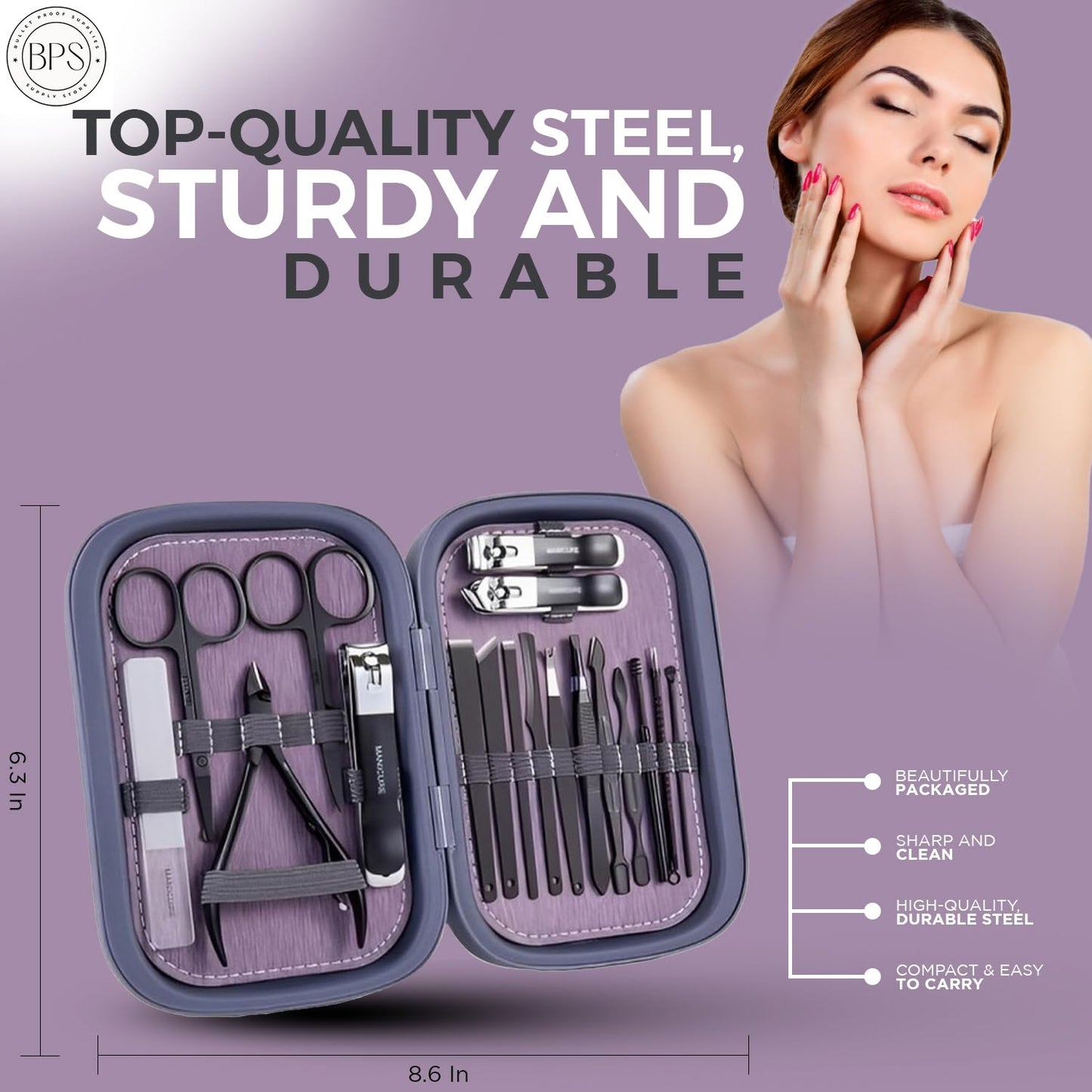 Manicure Stainless Steel Nail Clipper Kit for Men and Women | 18 In 1 Professional Nail Clipper Set | Nail Grooming Kit | Men's Manicure Set with Magnetic Travel Case | Nail Cleaning Kit | Purple