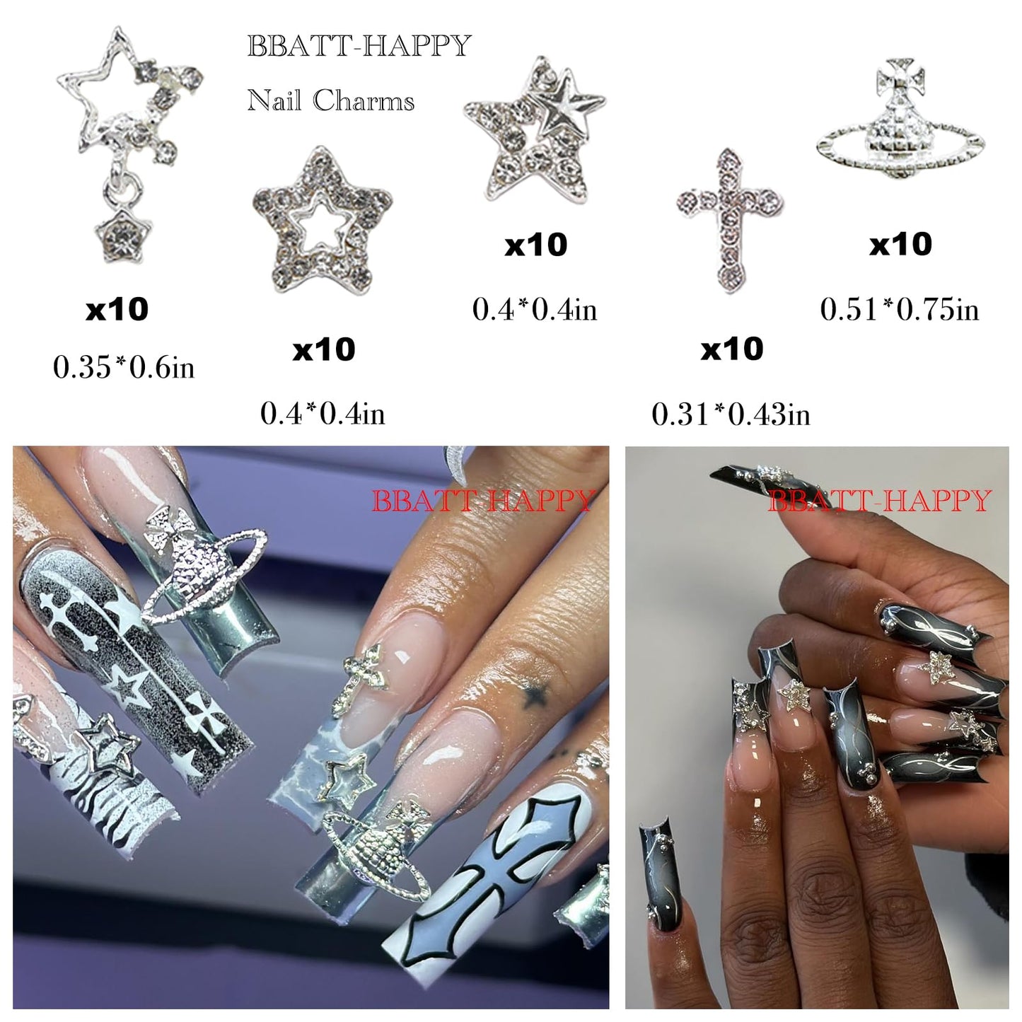 BBATT-HAPPY 144PCS Nail Charms for Acrylic Nails,Silver Star Planet Cross Punk Door Handle Pin Handcuffs Mechanical Parts Alloy Nail Art Accessories,Nail Jewels for Nail Art Supplies Craft DIY