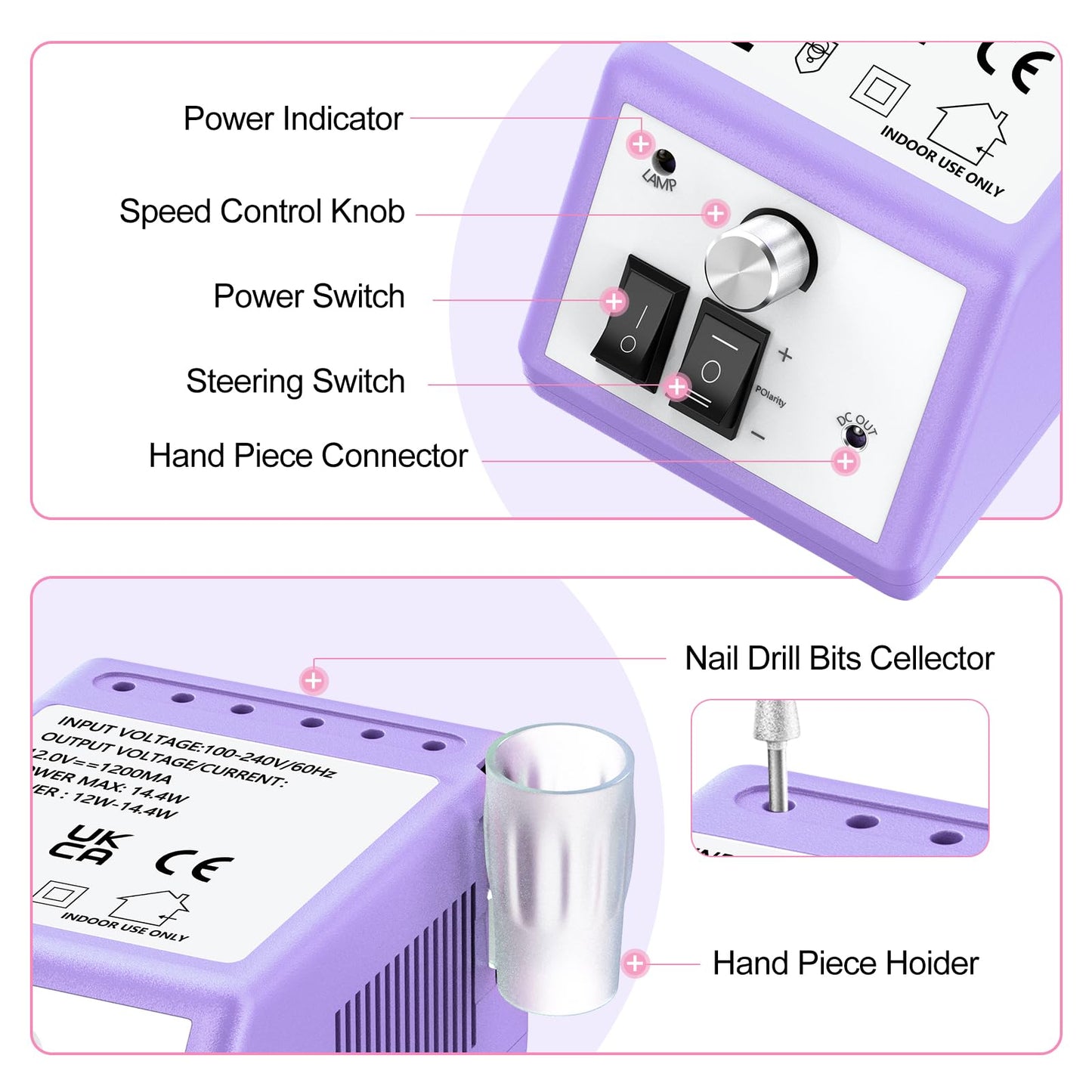 JIASHENG Professional Nail Drill, 20000rpm Electric Nail Drill Machine, Electric Nail File Drills for Acrylic Nails Gel Nails Manicure Pedicure Tools for Salon Use, Violet