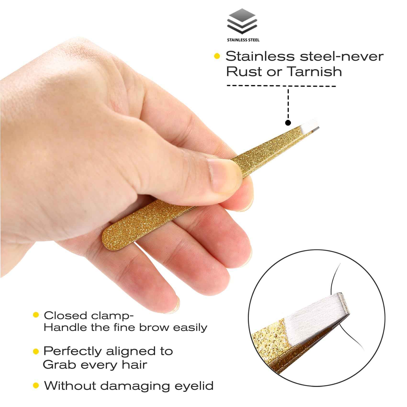 FungChoi 4-Pcs Glitter Stainless Steel Precision Tweezer Set for Eyebrows, Ingrown Hair & Lash Extensions (Gold)