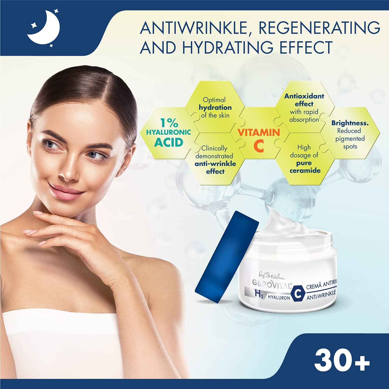 GEROVITAL HYALURON C Anti-Wrinkle Night Face Cream with Hyaluronic Acid, Vitamin C and E, Moisturizing and Regenerating Effect, for Dry, Normal Skin, 50 ml