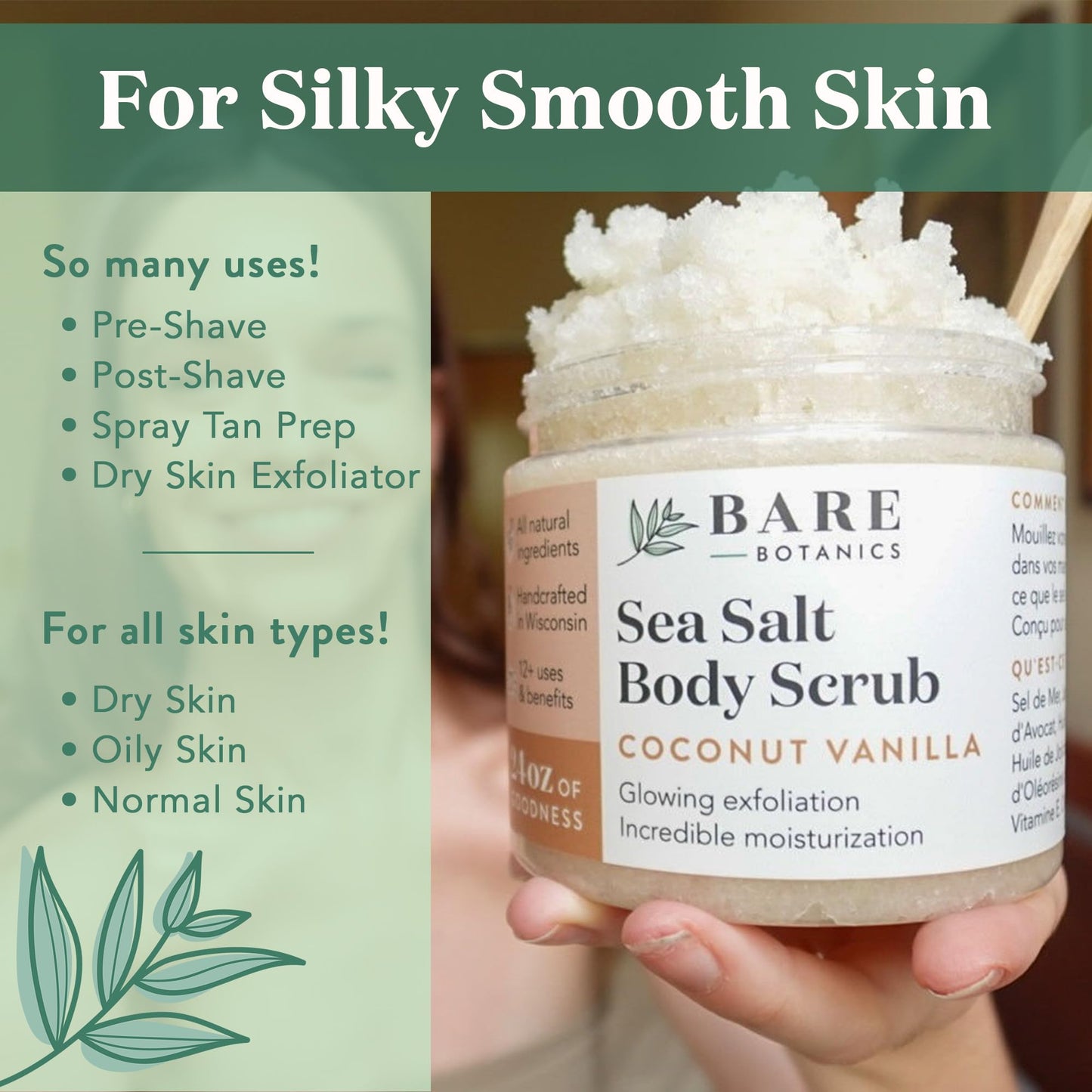 Bare Botanics Unscented Body Scrub 24oz | Made in Madison, WI | All Natural Body Scrub w/Skin Loving Moisturizers | Vegan & Cruelty Free Sea Salt Exfoliator w/a Cute Wooden Spoon