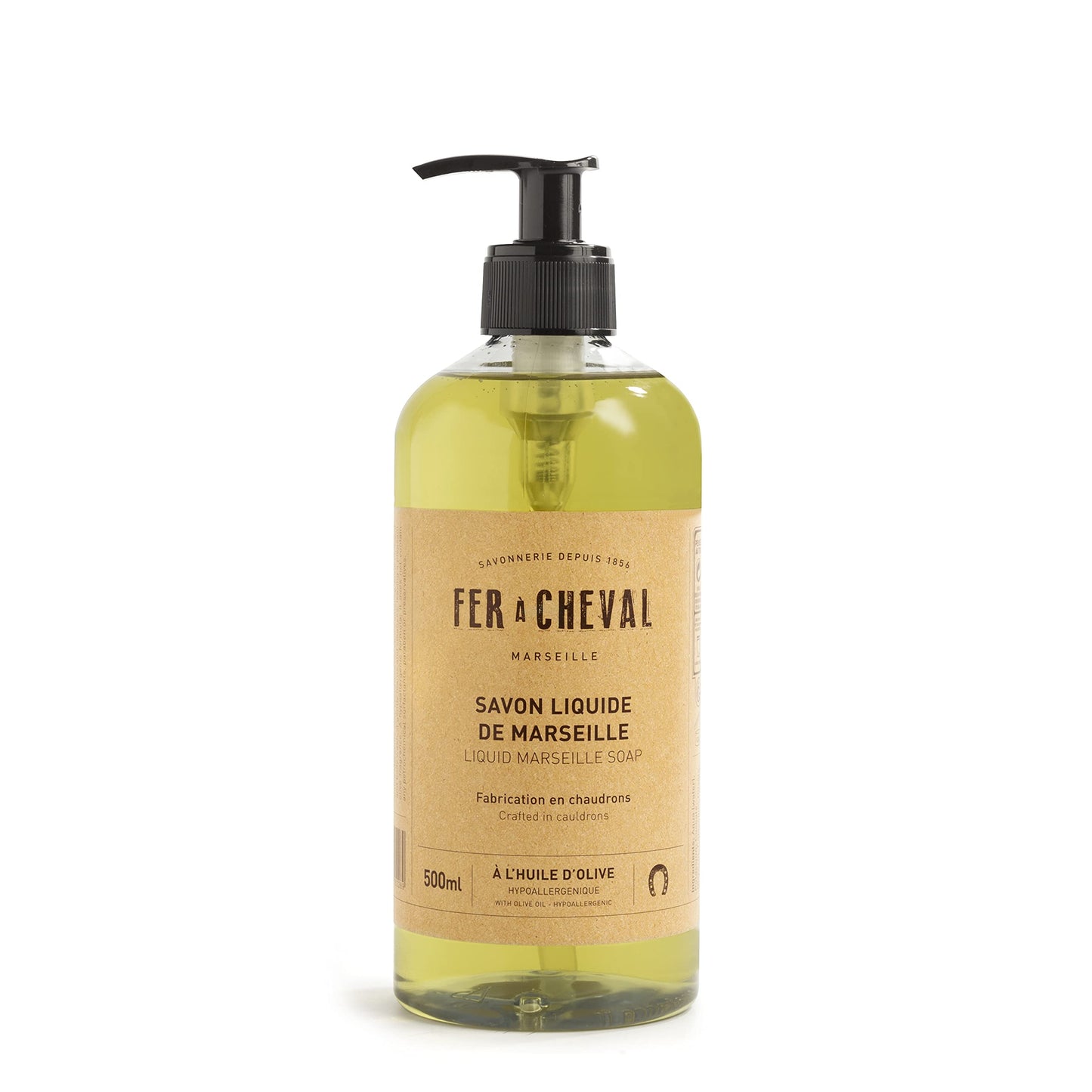 Fer a Cheval Olive Marseille Liquid Soap 500ml - Organic Olive Oil, Hypoallergenic, Dermatologically Tested - Authentic French Luxury for Skin Revitalization and Natural Glow