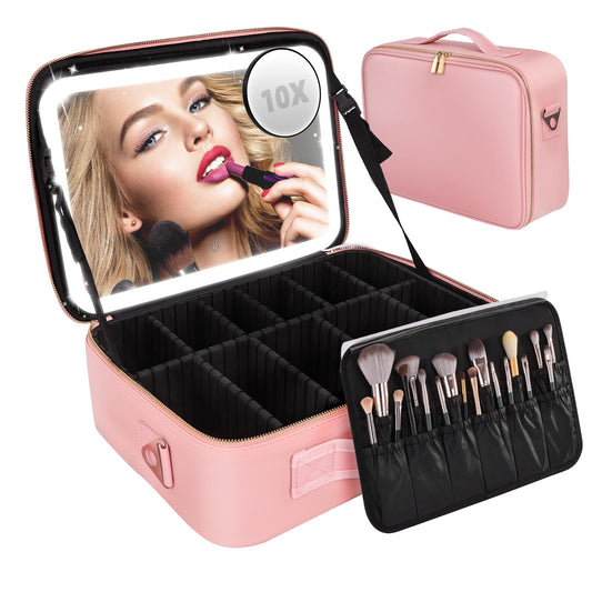 Yofuly Large Makeup Bag With Light Up Mirror, [Extra Large Size] Lighted Makeup Case, Travel Makeup Train Case with Adjustable Dividers and 10x Magnifying Mirror | 3 Adjustable Brightness