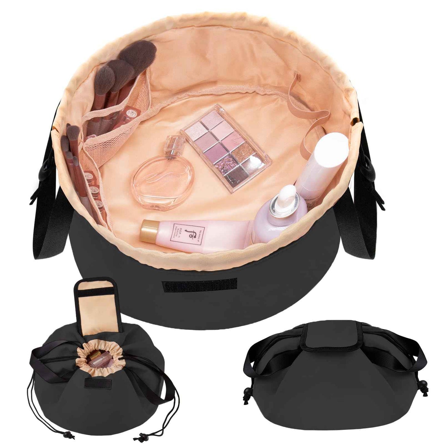 TAPMEI Barrel Drawstring Makeup Bag Large Travel Makeup Bag,Portable Large Capacity Cosmetic Bag Toiletry Organizer for Travel Accessories Make Up Essentials and Hair Product,Gifts (Black)