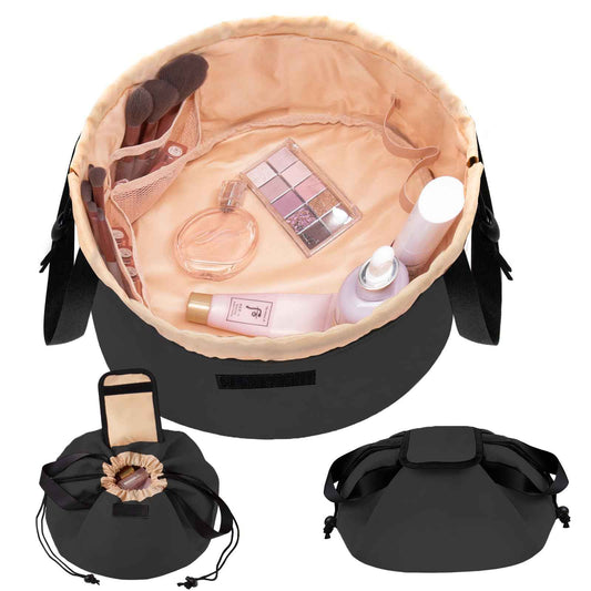 TAPMEI Barrel Drawstring Makeup Bag Large Travel Makeup Bag,Portable Large Capacity Cosmetic Bag Toiletry Organizer for Travel Accessories Make Up Essentials and Hair Product,Gifts (Black)