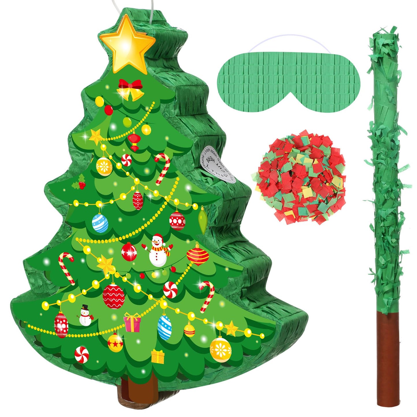 Harrycle Christmas Tree Pinata 16 Inch Christmas Mexican Pinata with Stick Blindfold and Confetti Pack Christmas Pinata Bundle for Xmas Birthday Holiday Pinata Game Favors Photo Prop Decoration