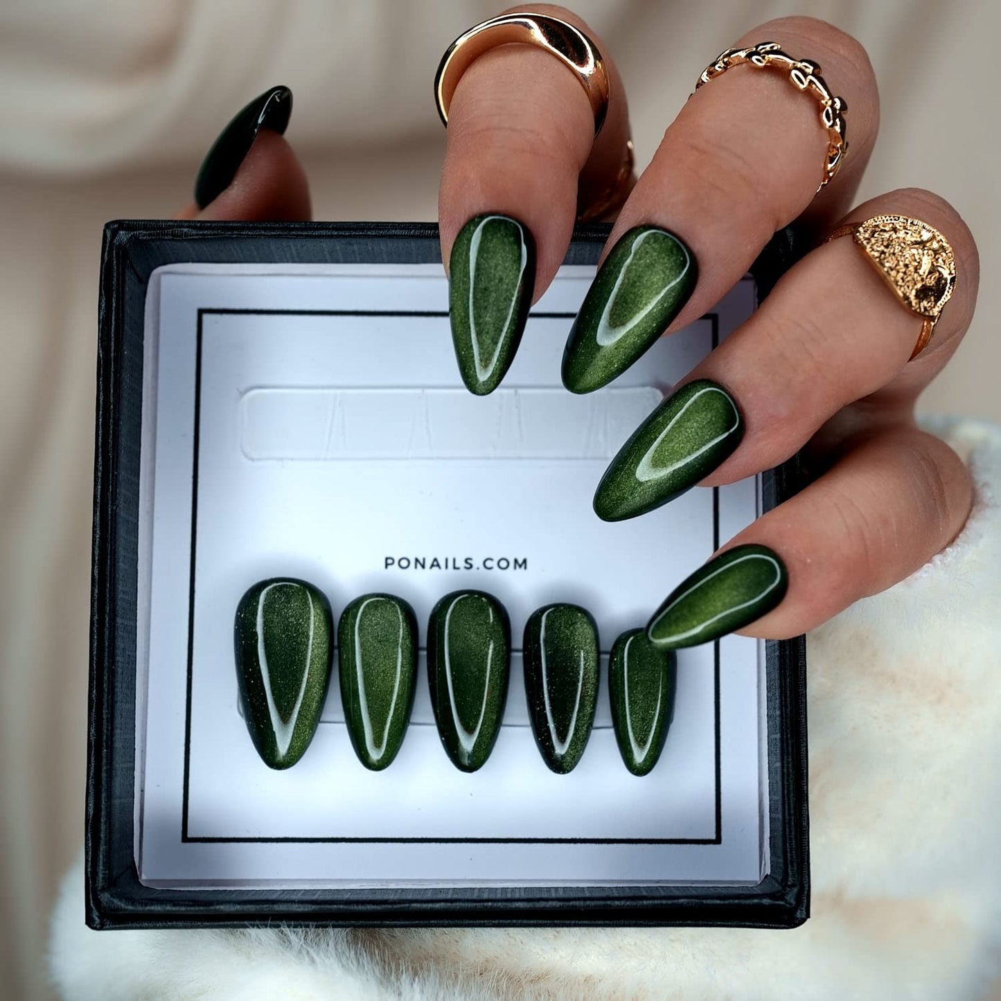 10 Pcs Handmade Press on Nails (Extra Small, Green Cat Eye/Green Moon Stone on Black/Almond) A012XS