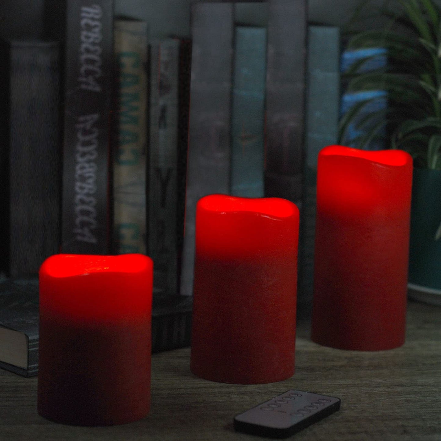 M Mirrowing 3-Pack Flickering Flameless Candles with Remote Control and Timer, 450+Hour Battery Operated LED Candle with Red Real Wax Shell for Christmas, Halloween, Party Décor (Batteries Included)