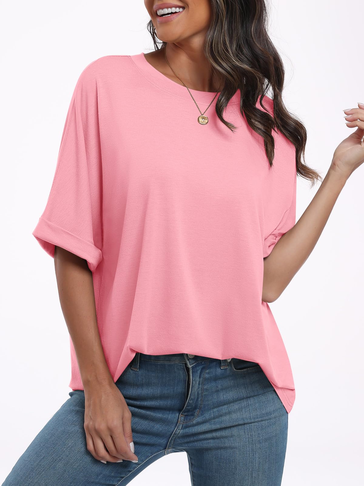 ANRABESS Women's Oversized T Shirts Short Sleeve Crewneck Summer Tops Casual Loose Basic Tee Shirts 2024 Trendy Clothes Pink Small