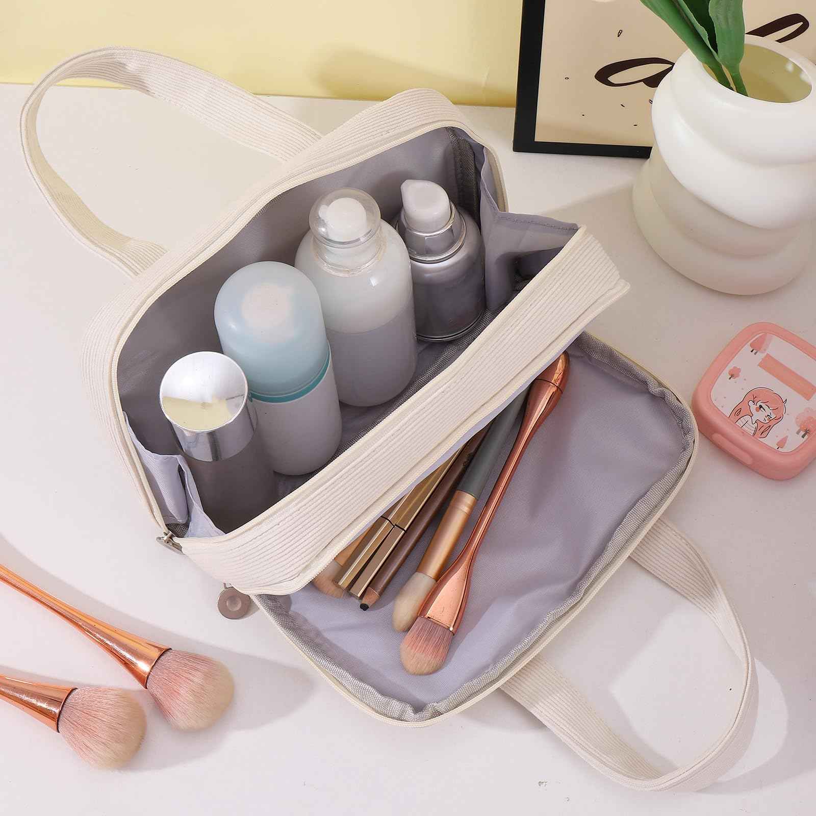 LYDZTION Makeup Bag, Makeup Organizer Small Travel Toiletry Bags for Women, Cosmetic Bag Cute Corduroy Makeup Travel Bag, Beige