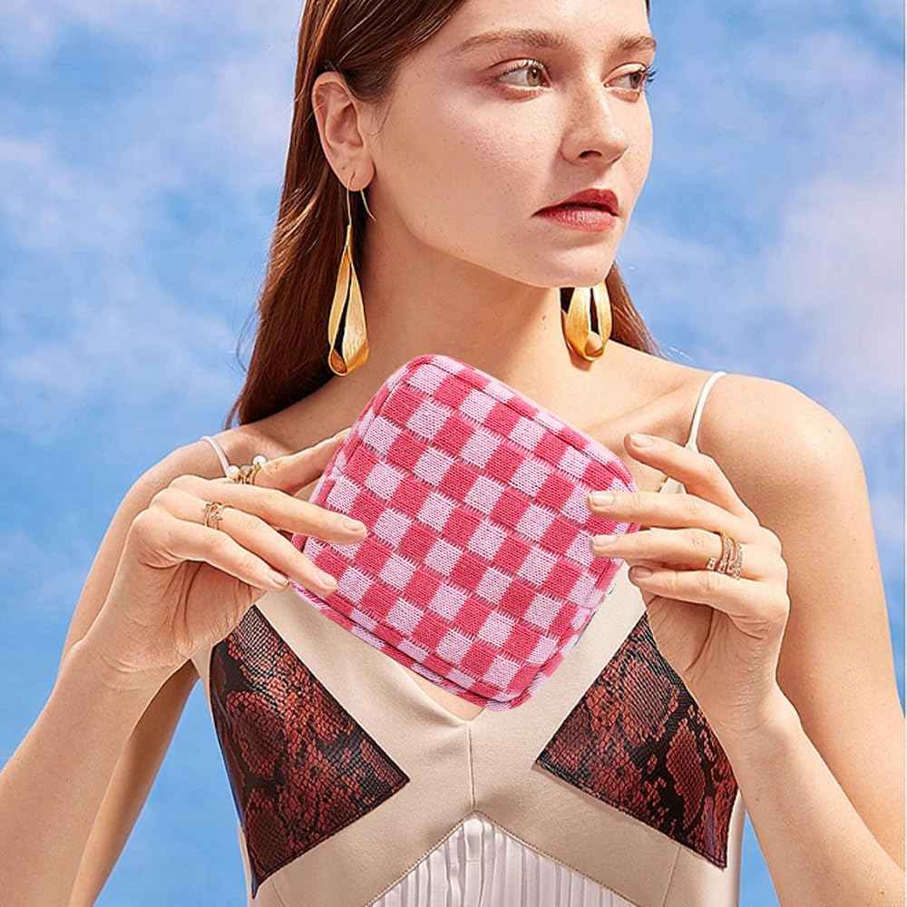 2 Pieces Makeup Bag Small, Mini Checkered Make Up Bag Travel Cute Cosmetic Bags for Women Preppy Makeup Pouch for Purse Zipper Makeup Organizer Case Period Bag Sanitary Napkin Storage Bag for Girls