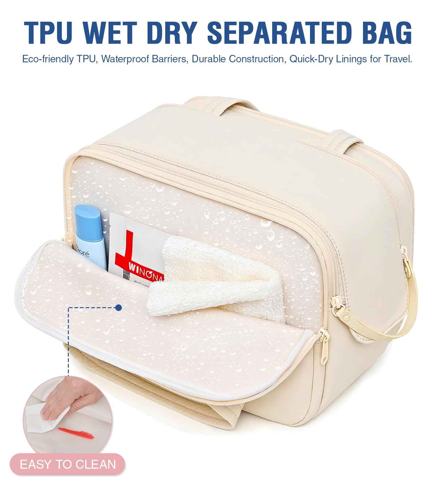 Hairao Travel Toiletry Bag, Lightweight Large Wide-open Toiletry Bag for Women, Puffy Makeup Bag with Handle, Carry-on Wet and Dry Travel Cosmetic Bag For Accessories, Essentials, Toiletries, Beige