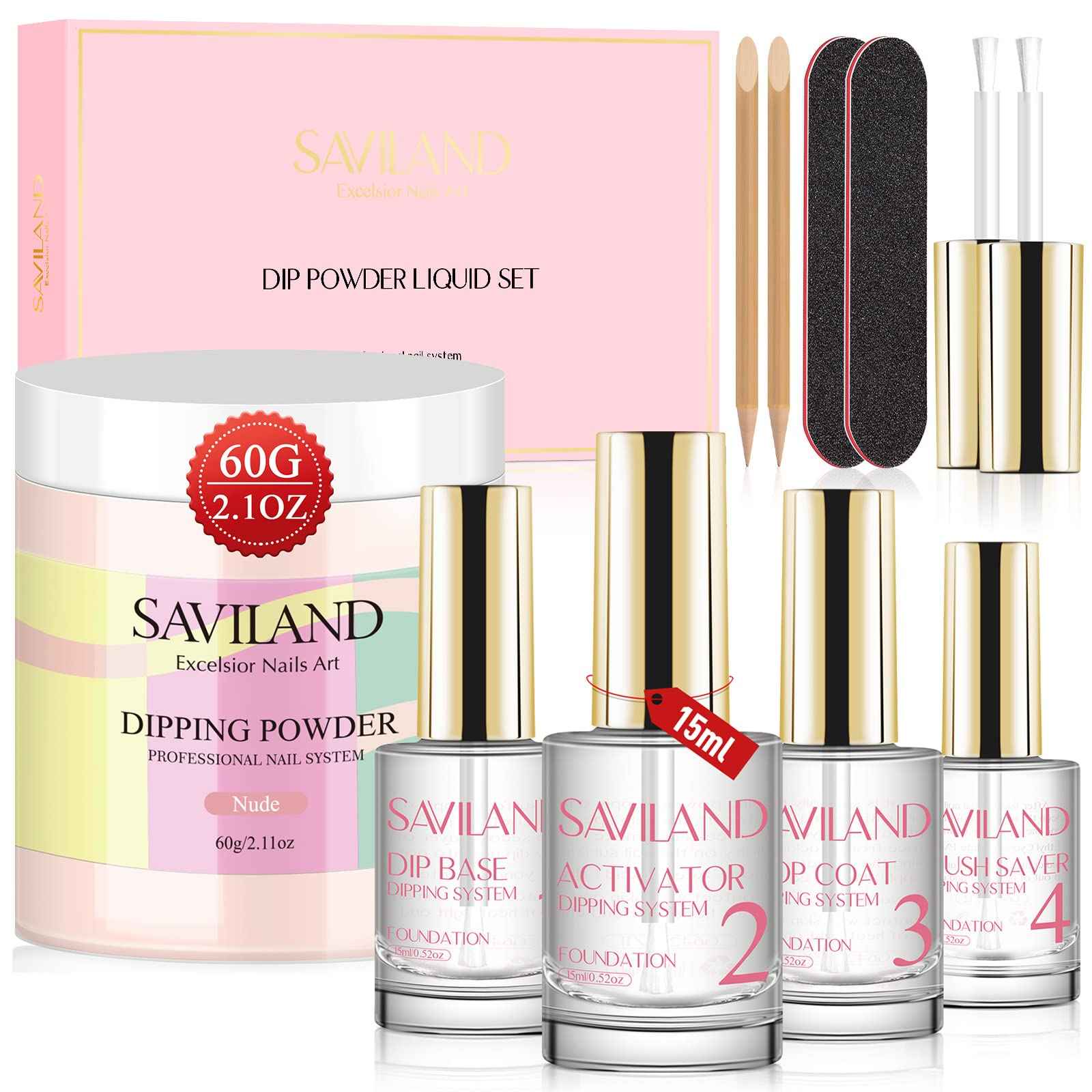 Saviland 15ml Dip Powder Liquid Set -60g /2.1oz nude dip powder- Base/Top Coat, Activator, Brush Saver, Nail File Necessary Tools for Dip Powder Nail Set No Nail Lamp Needed, Beautiful Gift for Ladies