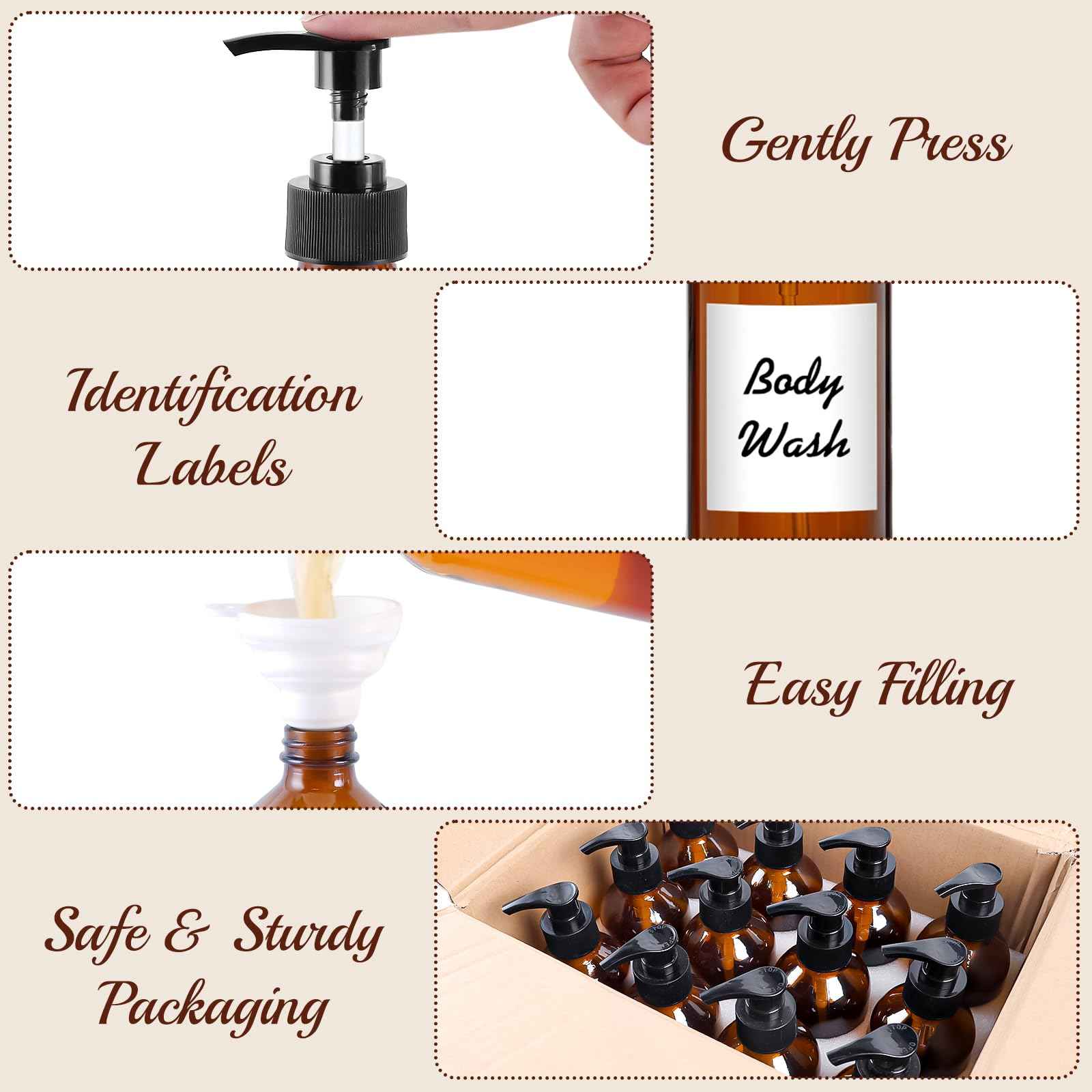 12 Pack Amber Glass Bottles 8oz with Pump Dispensers, Refillable Empty Pump Bottles for Bathroom, Kitchen, Shampoo, Soap, Lotion – Includes 2 Funnels & 12 Labels