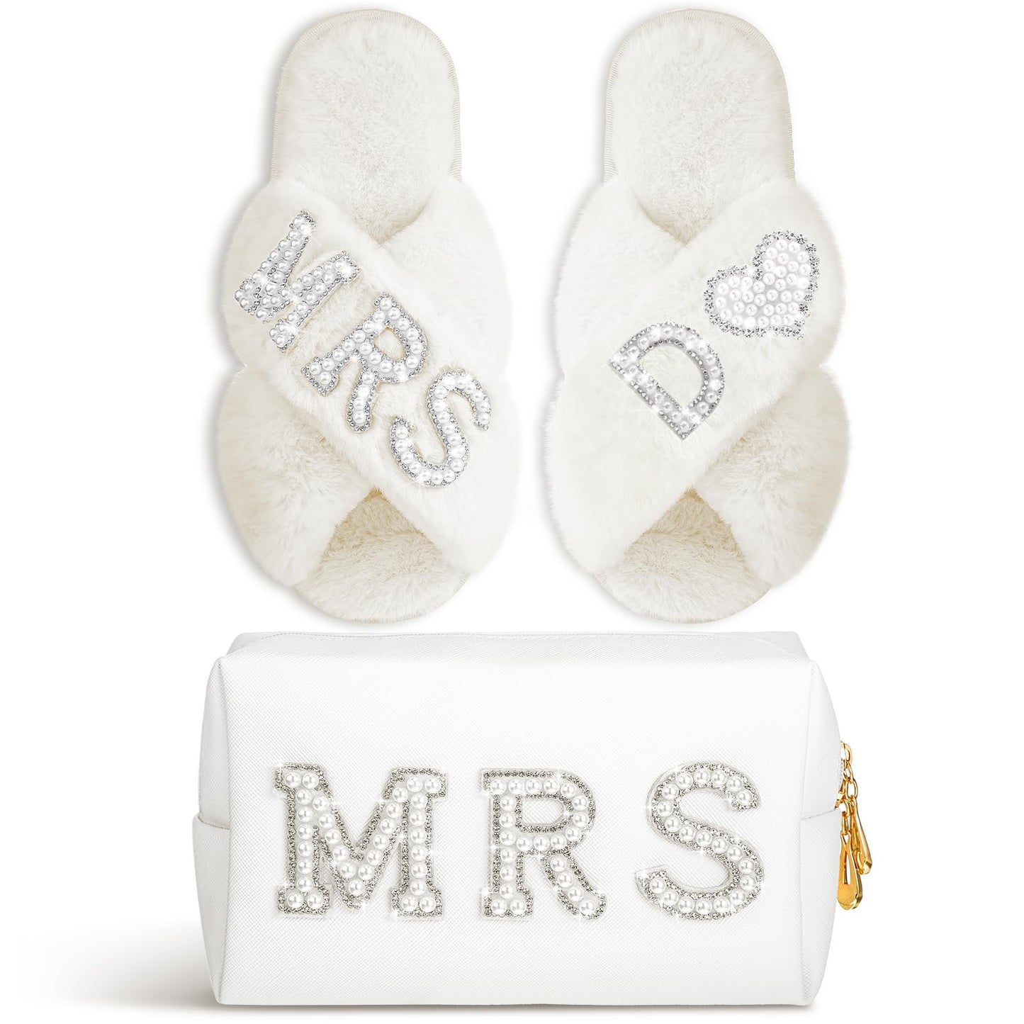 Xtinmee Personalized Initial Wedding Bride Slippers MRS Pearl Letter Makeup Bag Bridal Shower Gifts for Wedding Day (D)