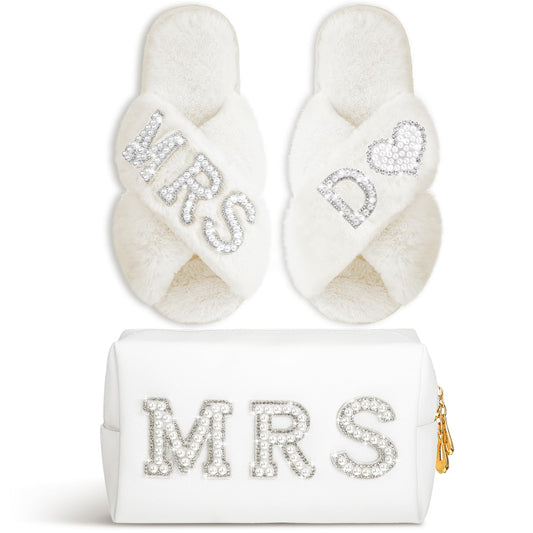 Xtinmee Personalized Initial Wedding Bride Slippers MRS Pearl Letter Makeup Bag Bridal Shower Gifts for Wedding Day (D)