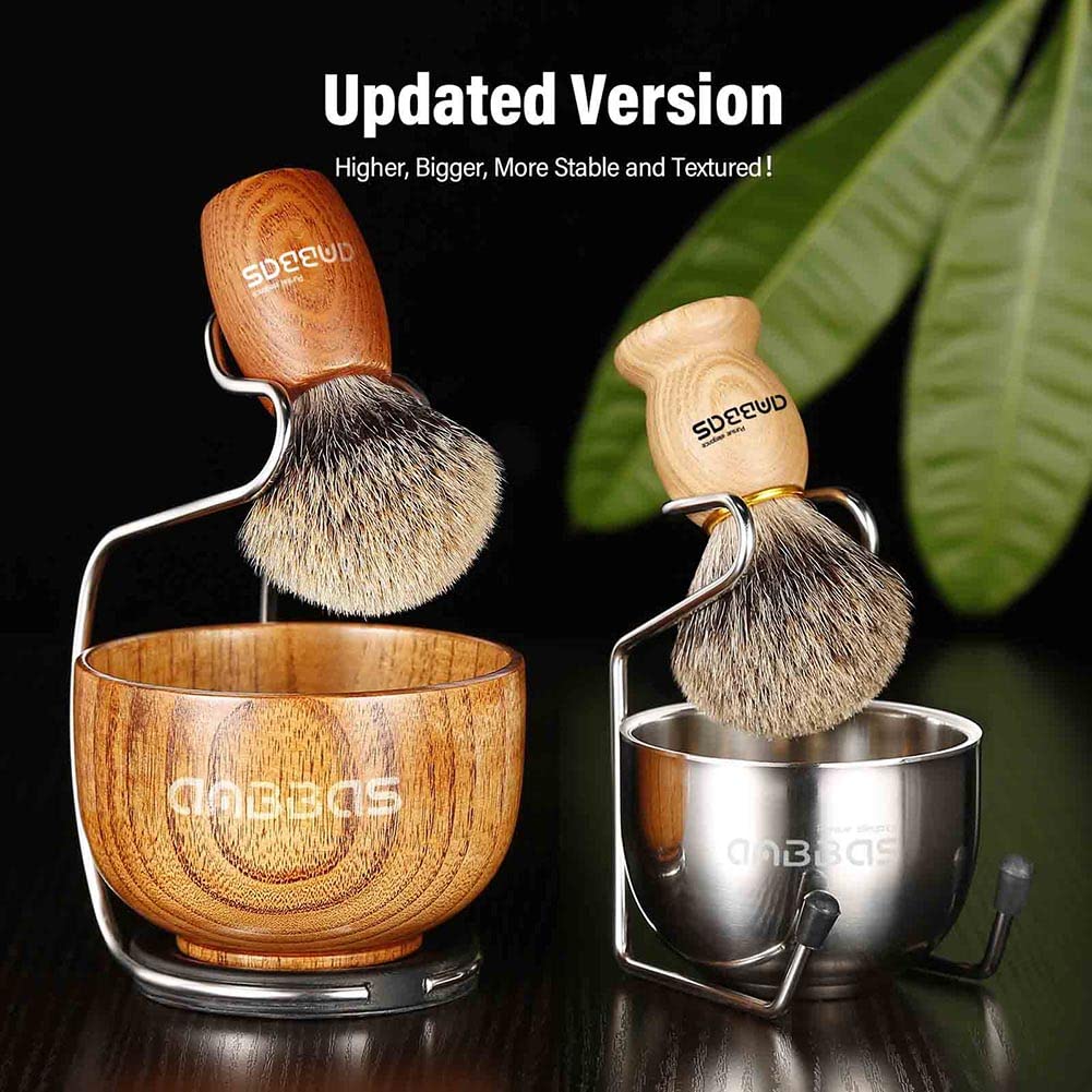 Anbbas Shaving Set, Pure Badger Hair Shaving Brush Wood Handle and Large Soap Bowl with Stainless Steel Shaving Stand 3IN1 Kit for Men