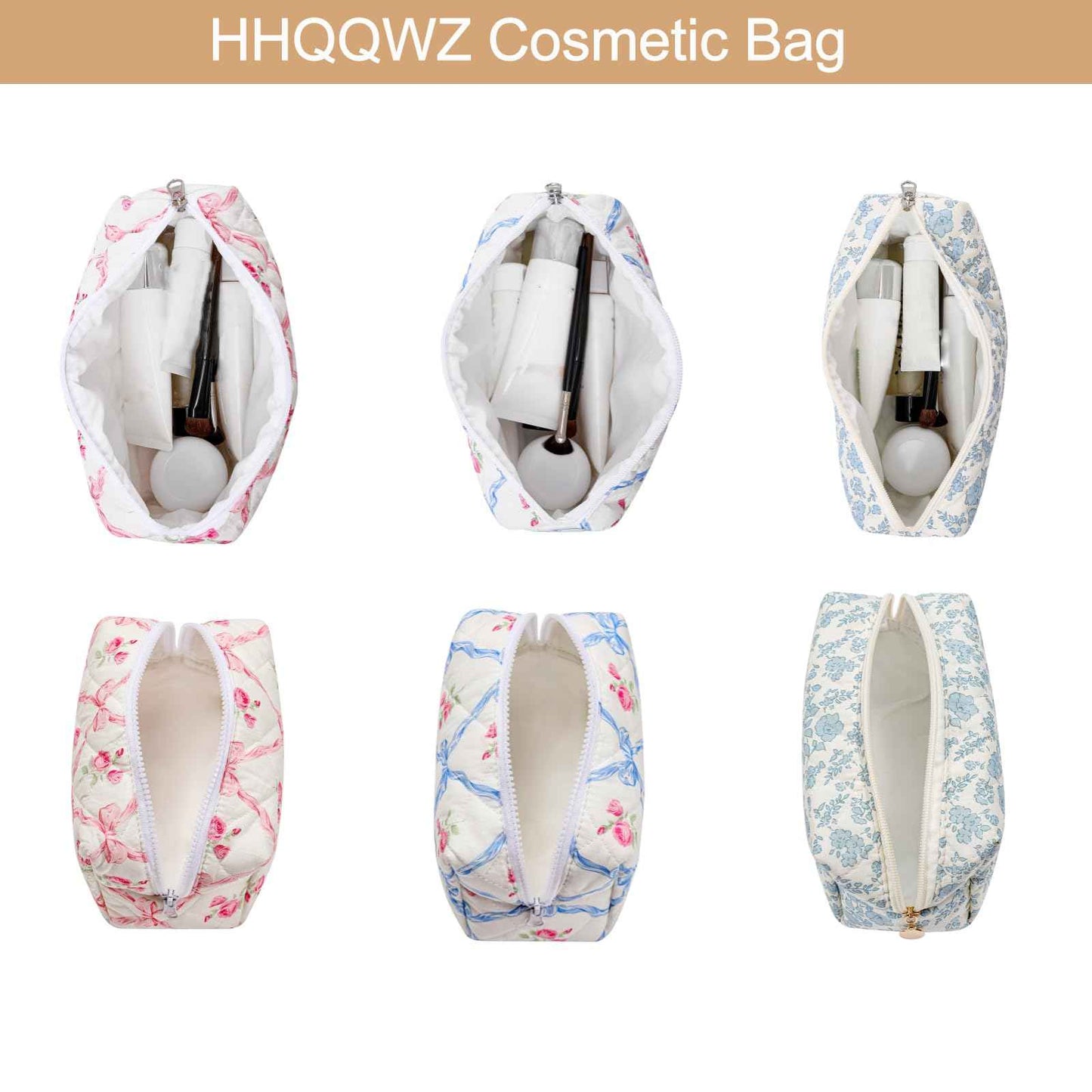 HHQQWZ Quilted Cotton Makeup Bag Travel Cosmetic Bag for Women Girls, Zipper Make Up Pouch, Bow Pattern Toiletry Organizer Makeup, Portable Storage Bag (2 Pack: Blue Bowknot)